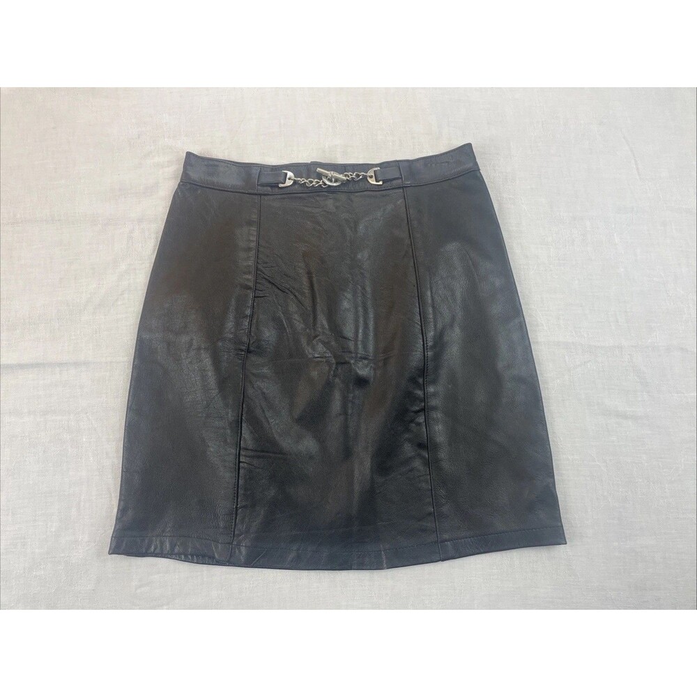 Vintage 80s Leather Black Leather Skirt w/ Metal Chain Embellishment Size L READ